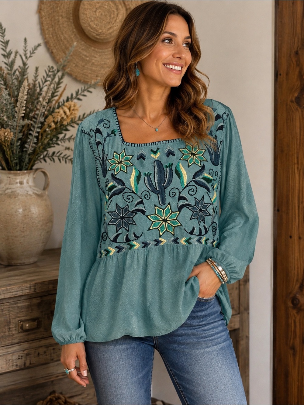 Double D Ranch Embroidered Peasant Blouse